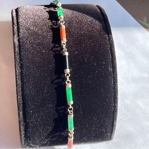 Glowing Vintage Jade Bar Bracelet Sterling Silver 7.5”